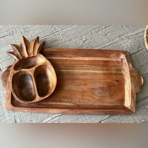 Handcrafted Pineapple Wooden Serving Tray and Dip Bowl - Natural Brown